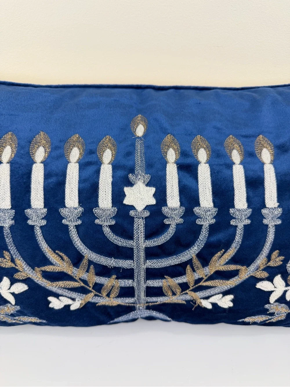 Lacourte Blue Velvet Hanukkah Menorah Embroidered Lumbar Pillow